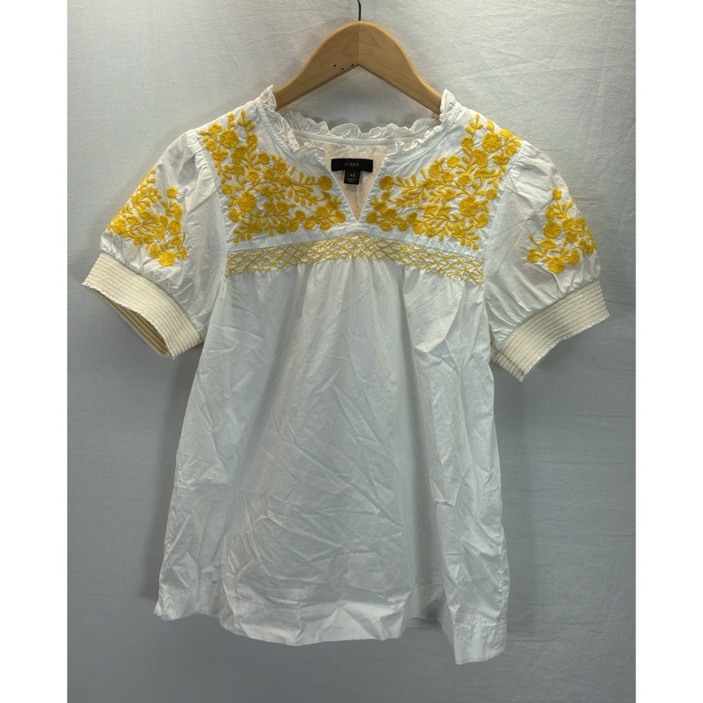 J.Crew Embroidered Cotton Poplin Top Puff Sleeve Mexican Yellow Boho Peasant XS